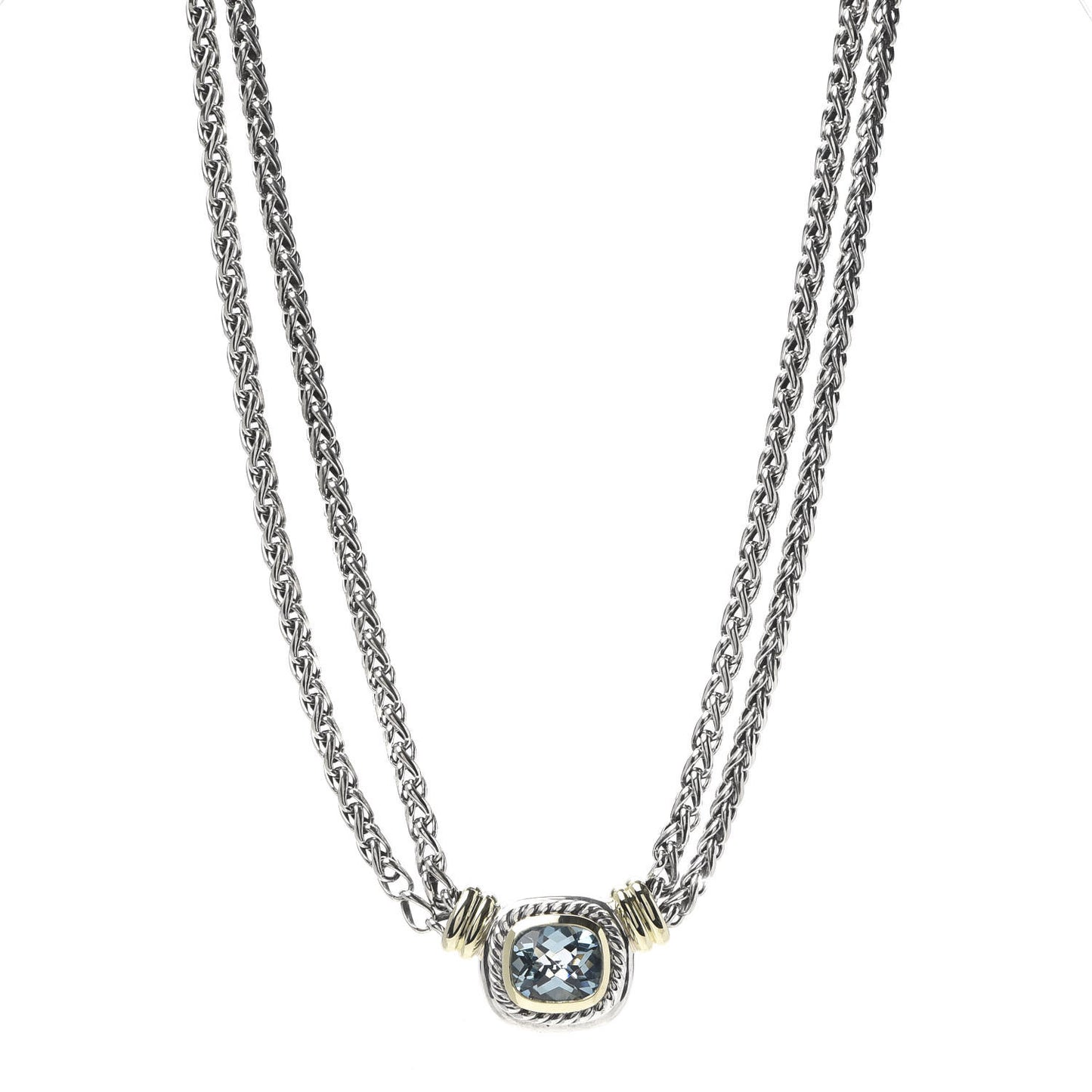 Sterling Silver 14K Yellow Gold Blue Topaz Double Wheat Chain Necklace