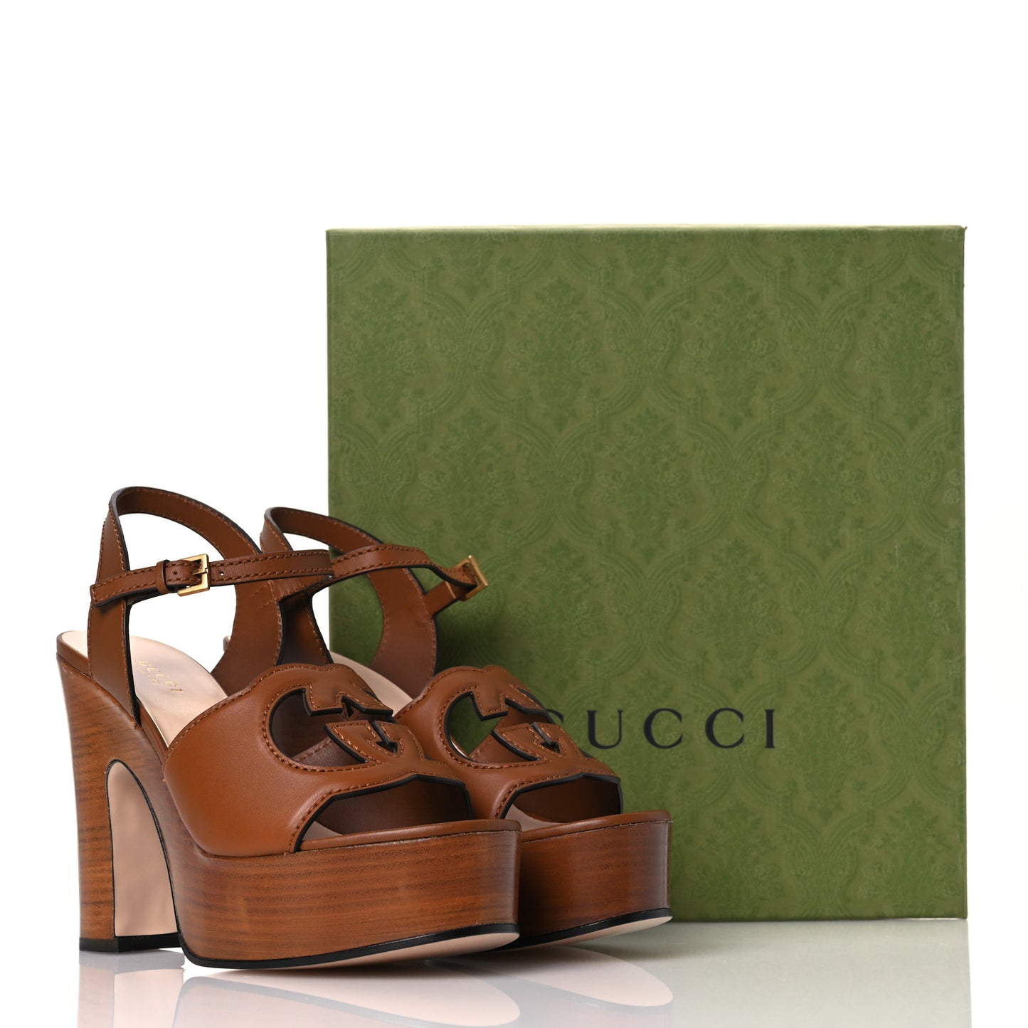 Cosmos Softy Calfskin Wooden Interlocking G Cut-Out 30/120mm Platform Sandals 38.5 Cuir