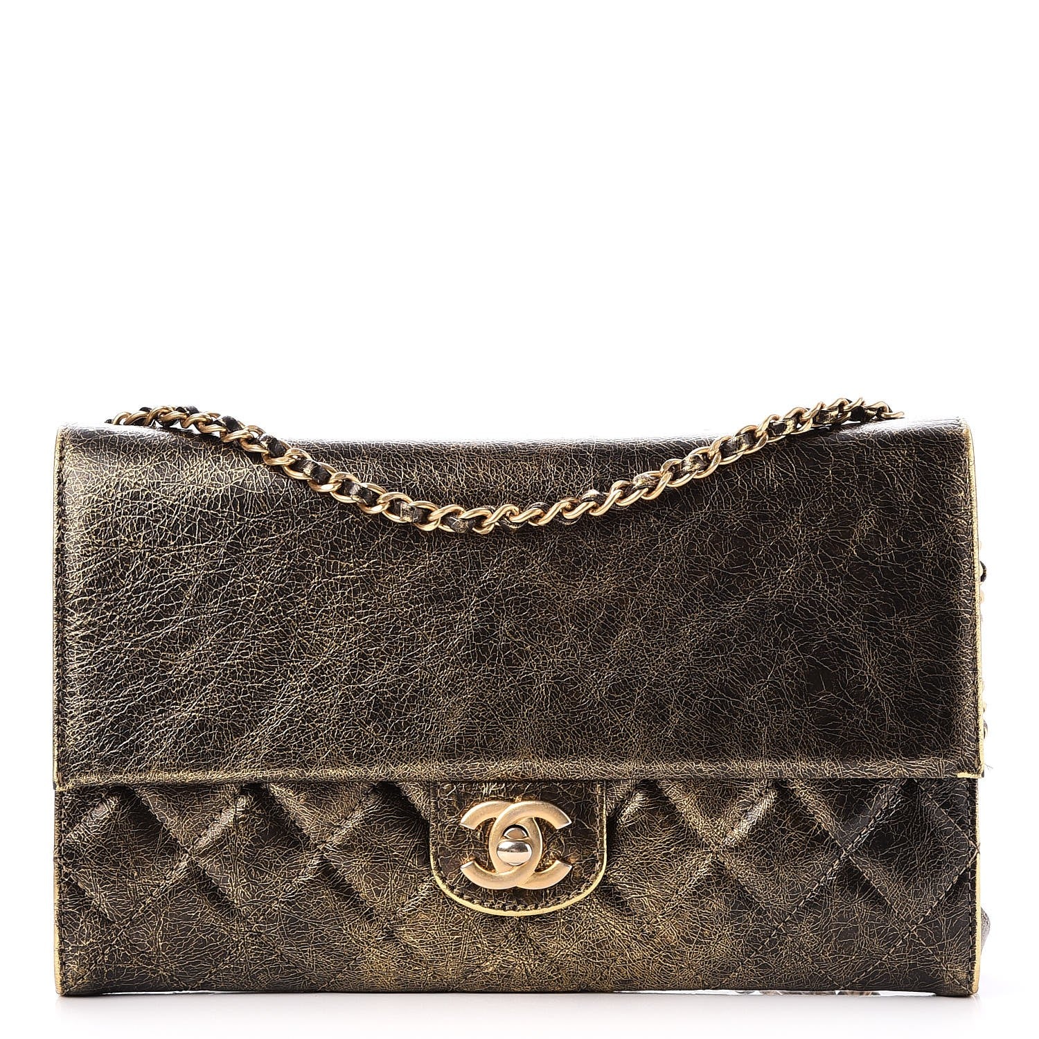Chanel Cracked Metallic Calfskin Quilted Zip Away Chain Clutch Gold 1 of 7