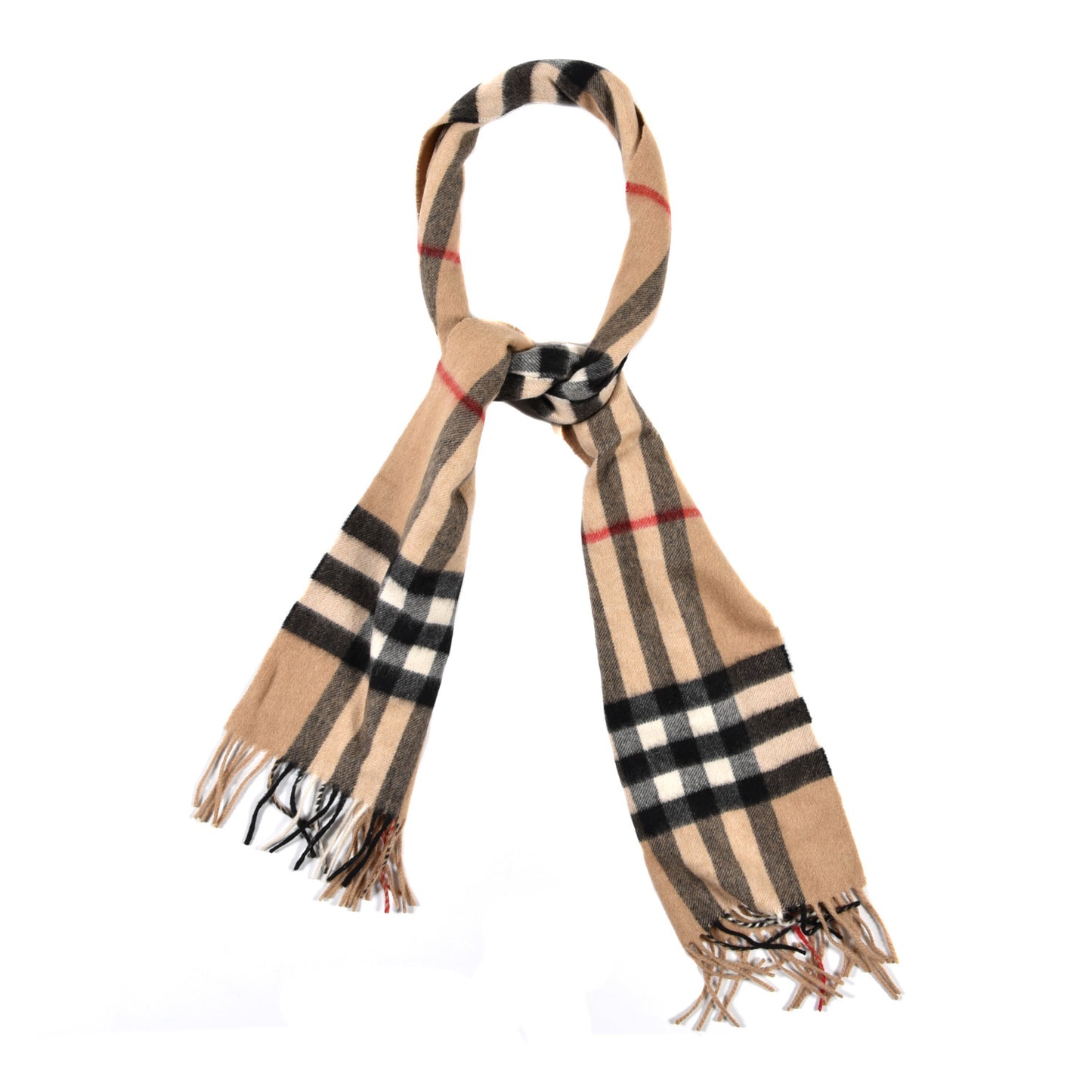 Cashmere Giant Check Fringe Scarf Camel