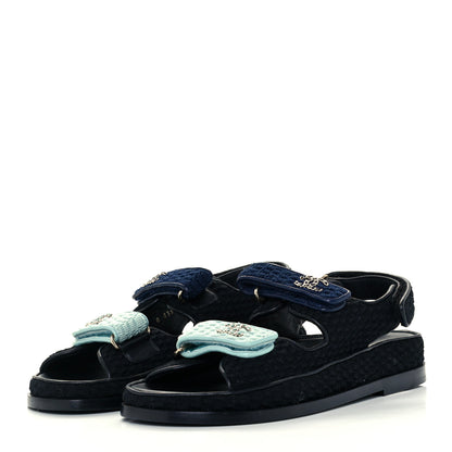 Chanel Knit Fabric Velcro Dad Sandals 39 Black Dark Blue Light Blue 2 of 12