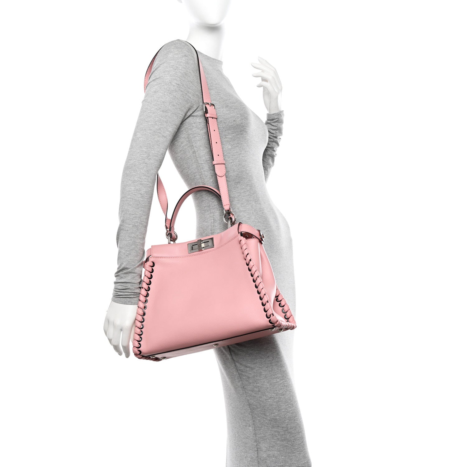 Fendi Vitello Seta Lace Up Medium Peekaboo Iconic Satchel Bubblegum 2 of 17