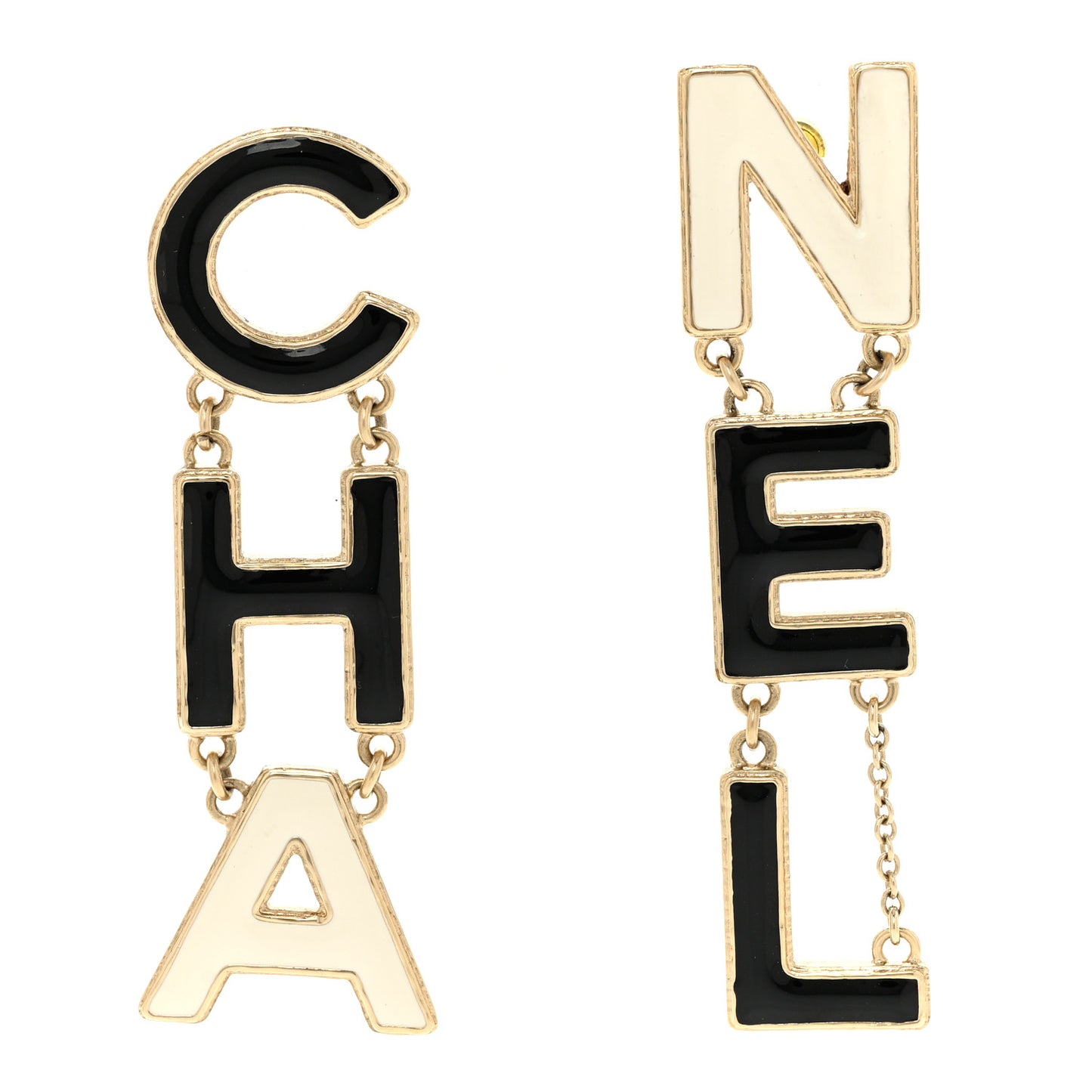 Metal Enamel Cha-Nel Logo Drop Earrings Black White