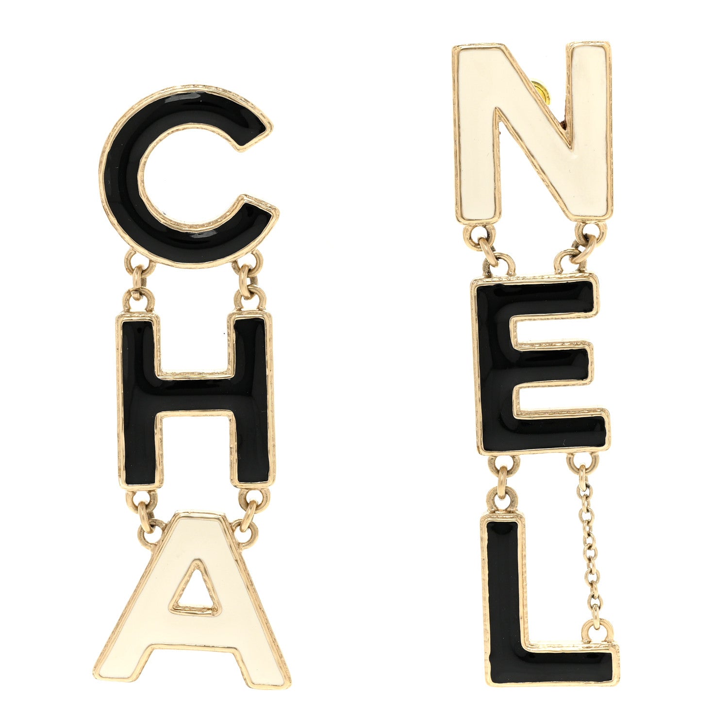 Chanel Metal Enamel Cha-Nel Logo Drop Earrings Black White 1 of 4