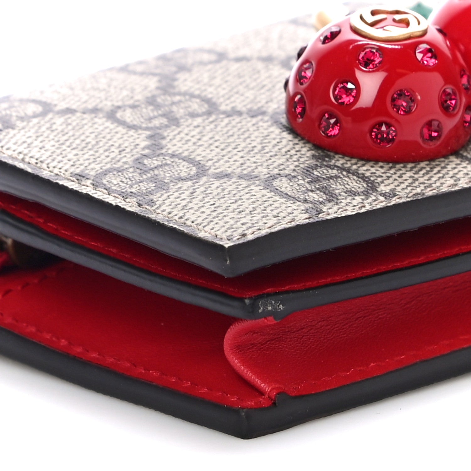 Gucci GG Supreme Monogram Cherry Embellished Card Case Wallet Hibiscus Red 8 of 11