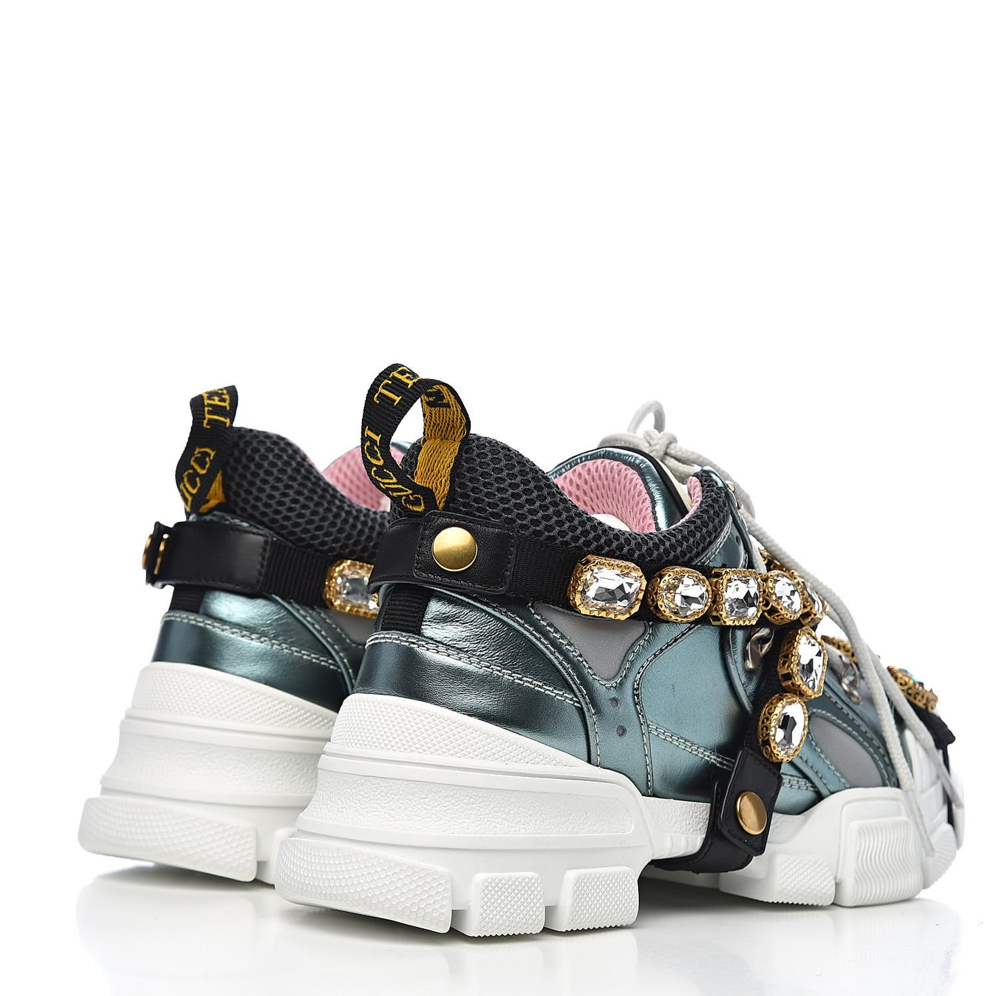 X SEGA Metallic Calfskin Removable Crystals Womens Flashtrek Sneakers 36 Lago Loess Silver