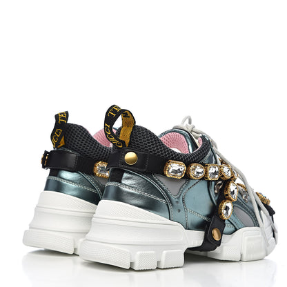 Gucci X SEGA Metallic Calfskin Removable Crystals Womens Flashtrek Sneakers 36 Lago Loess Silver 4 of 11