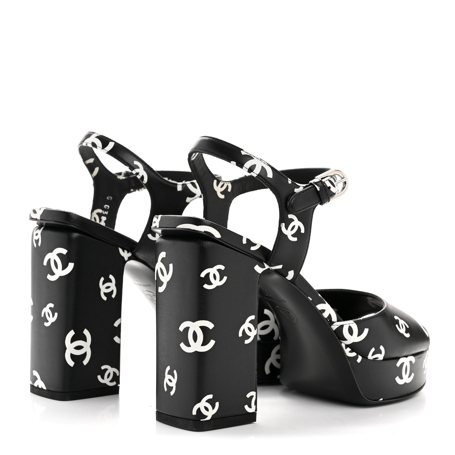 Chanel Printed Lambskin CC Platform Sandals 37 Black White 5 of 11