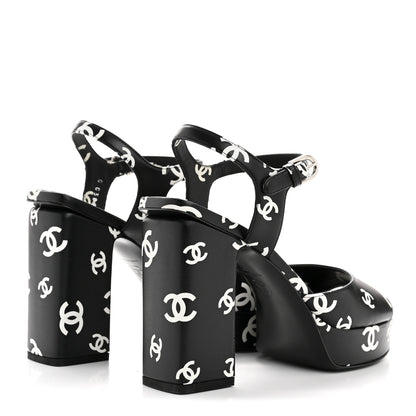 Chanel Printed Lambskin CC Platform Sandals 37 Black White 5 of 11