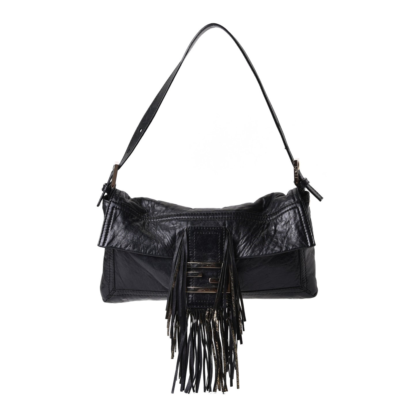 Crumpled Calfskin Fringe Medium Convertible Baguette Black