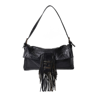 Fendi Crumpled Calfskin Fringe Medium Convertible Baguette Black 1 of 5