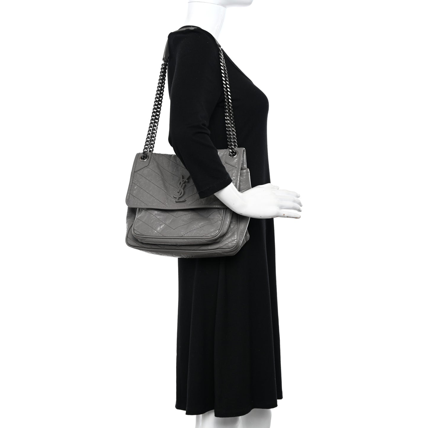 Crinkled Calfskin Matelasse Monogram Medium Niki Chain Satchel Fog