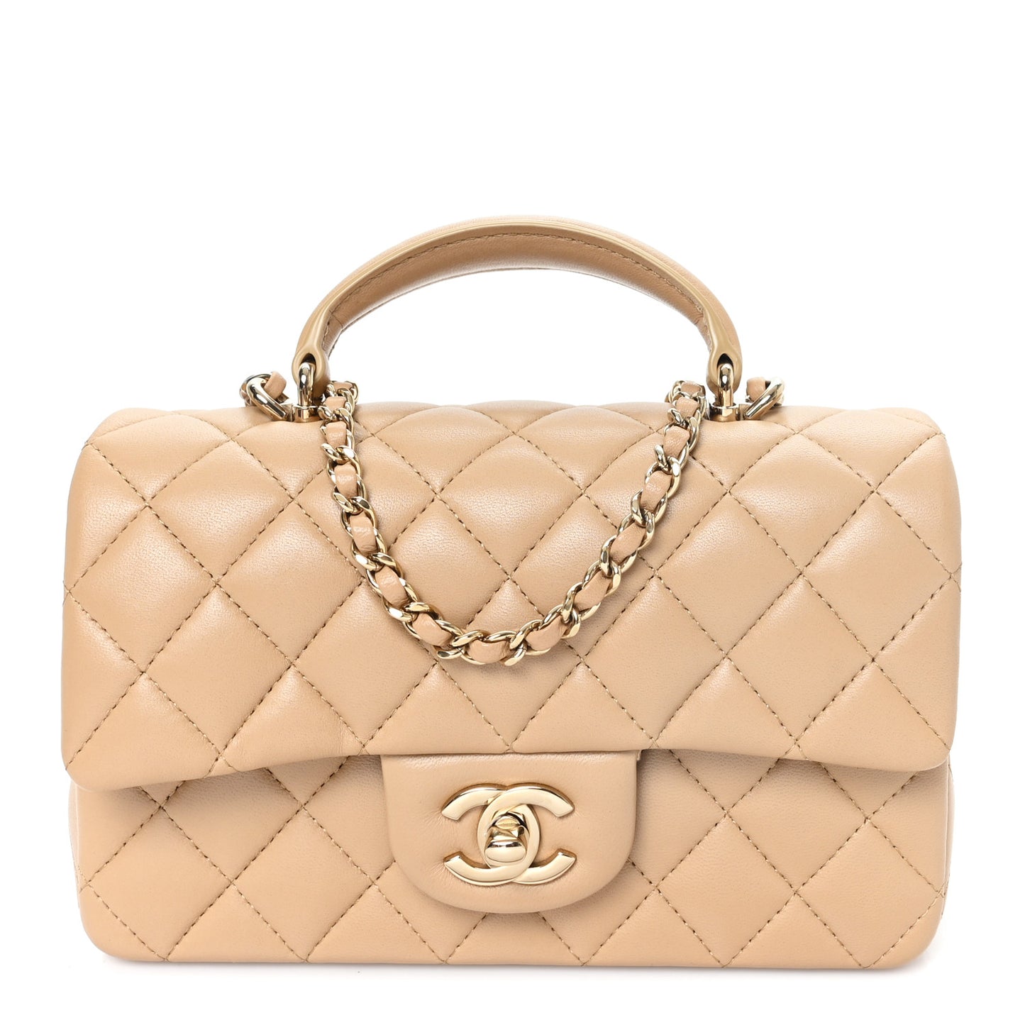 Lambskin Quilted Mini Top Handle Rectangular Flap Beige