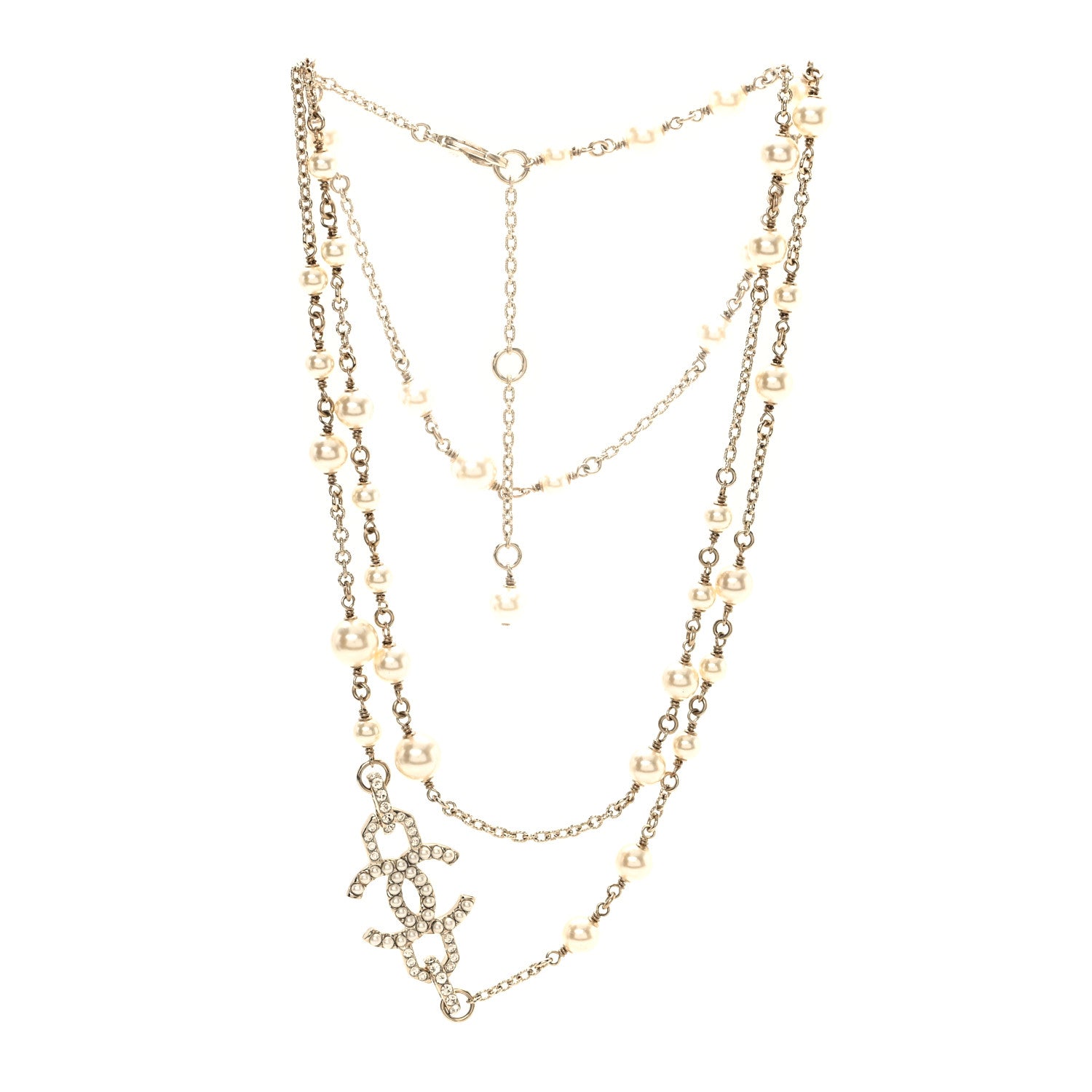Chanel Pearl Crystal CC Vendome Long Necklace   Golden Pearly White 3 of 5
