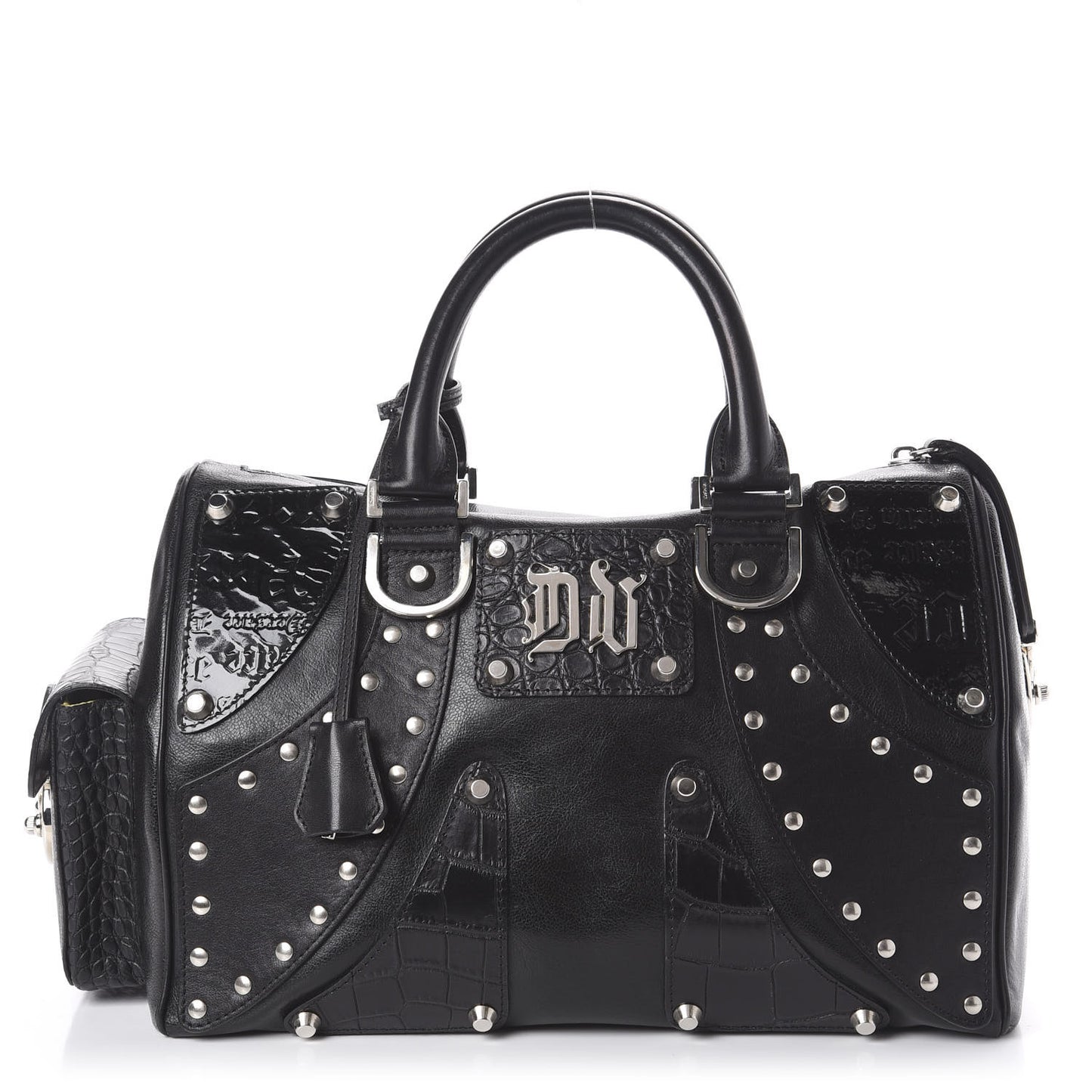 Crocodile Embossed Calfskin Studded DV Satchel Black