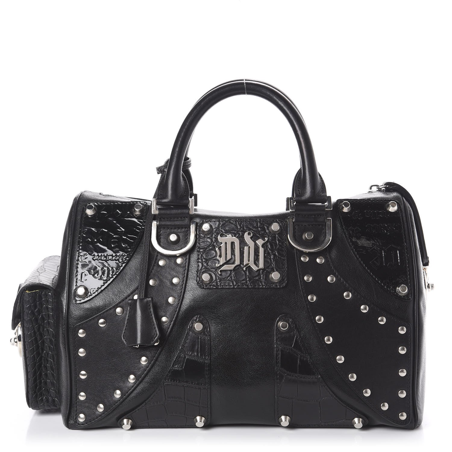 Versace Crocodile Embossed Calfskin Studded DV Satchel Black 1 of 10