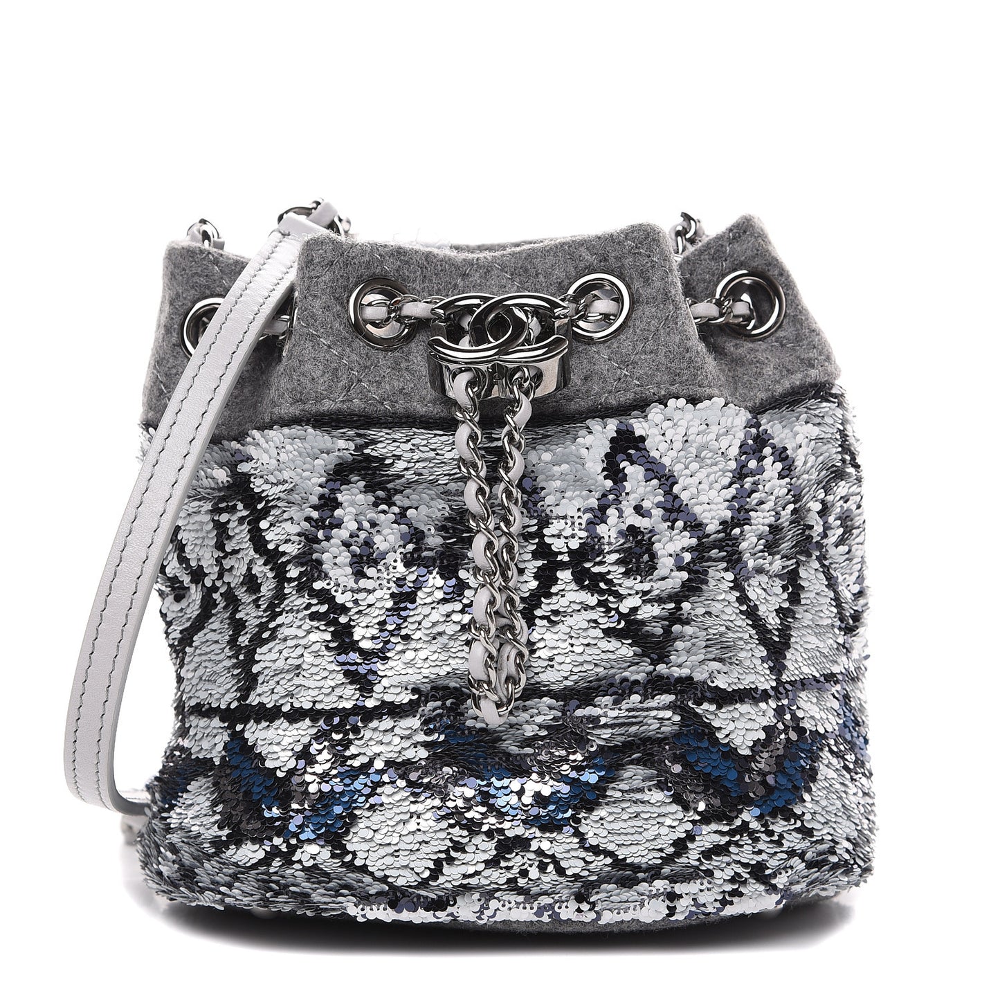 Sequin Wool Drawstring Bag Silver Blue Grey
