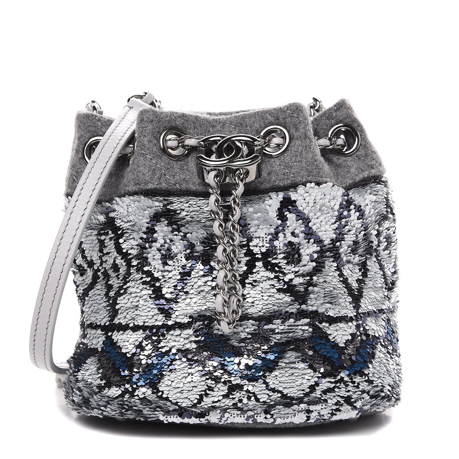 Chanel Sequin Wool Drawstring Bag Silver Blue Grey 1 of 9