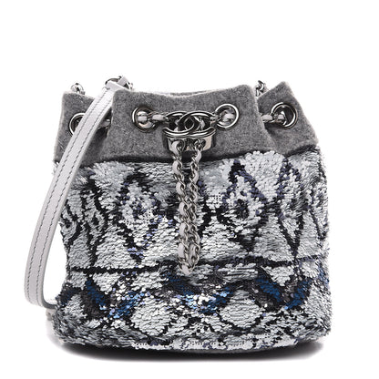 Chanel Sequin Wool Drawstring Bag Silver Blue Grey 1 of 9