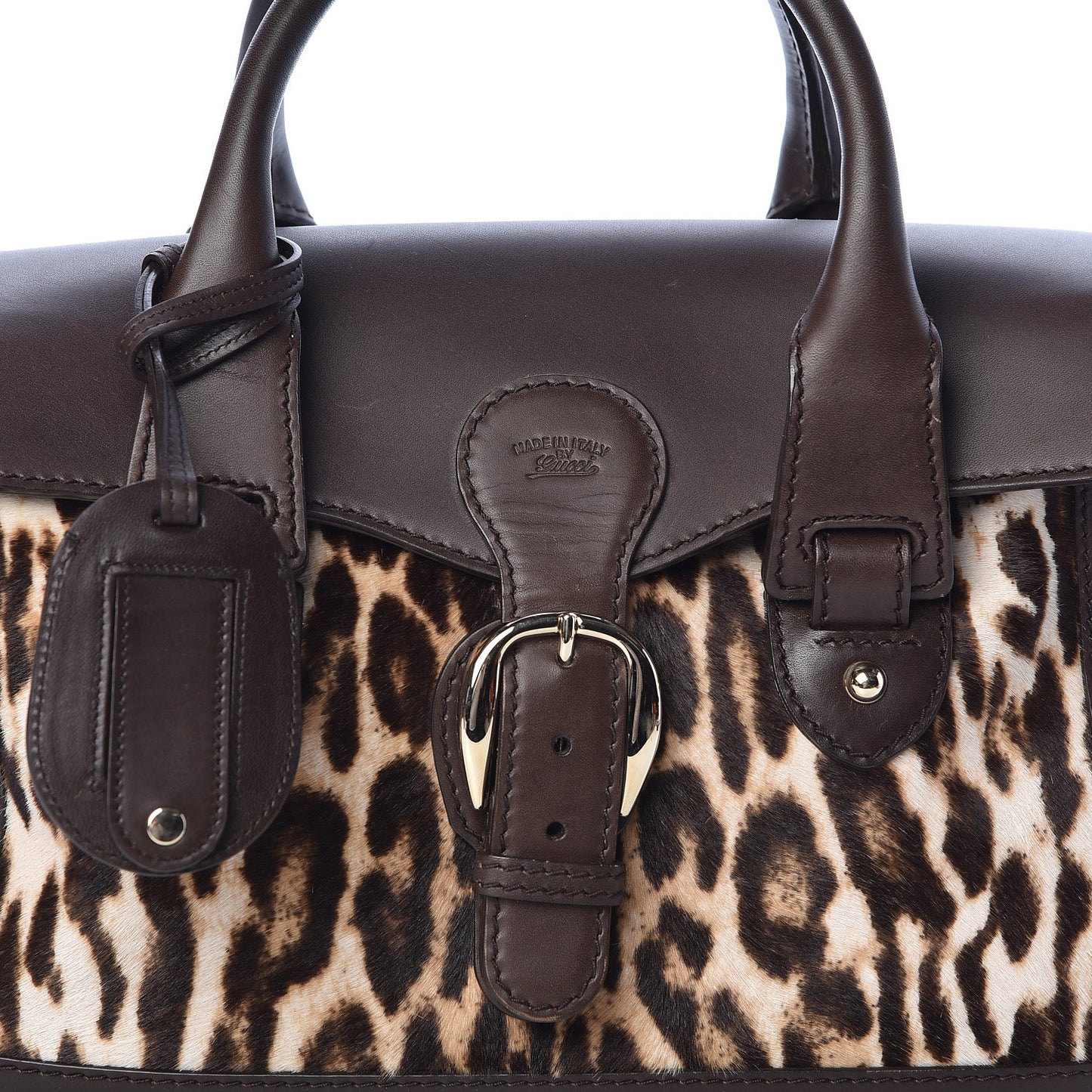 Calf Hair Leopard Print Medium Heritage Boston Bag Brown