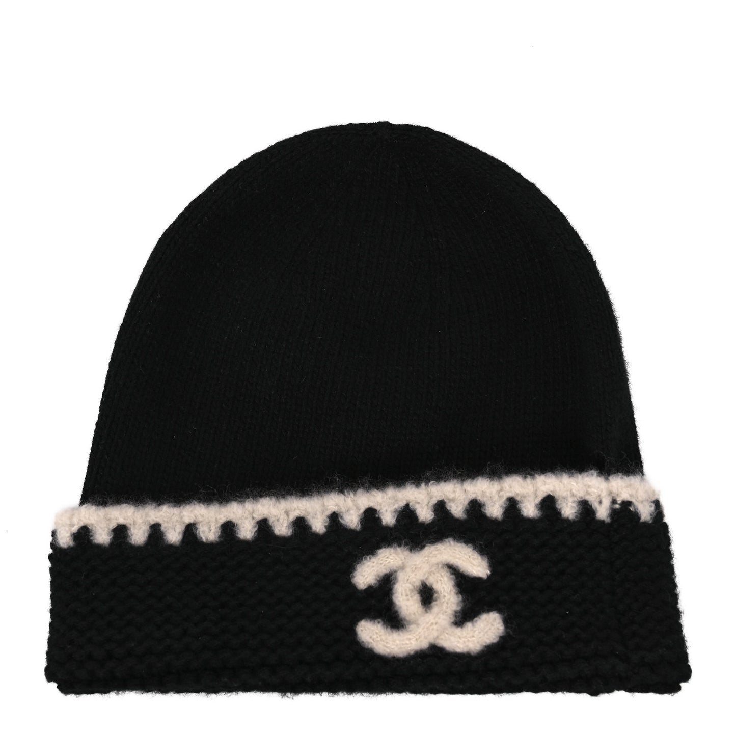 Cashmere Wool CC Beanie Hat Black Light Beige