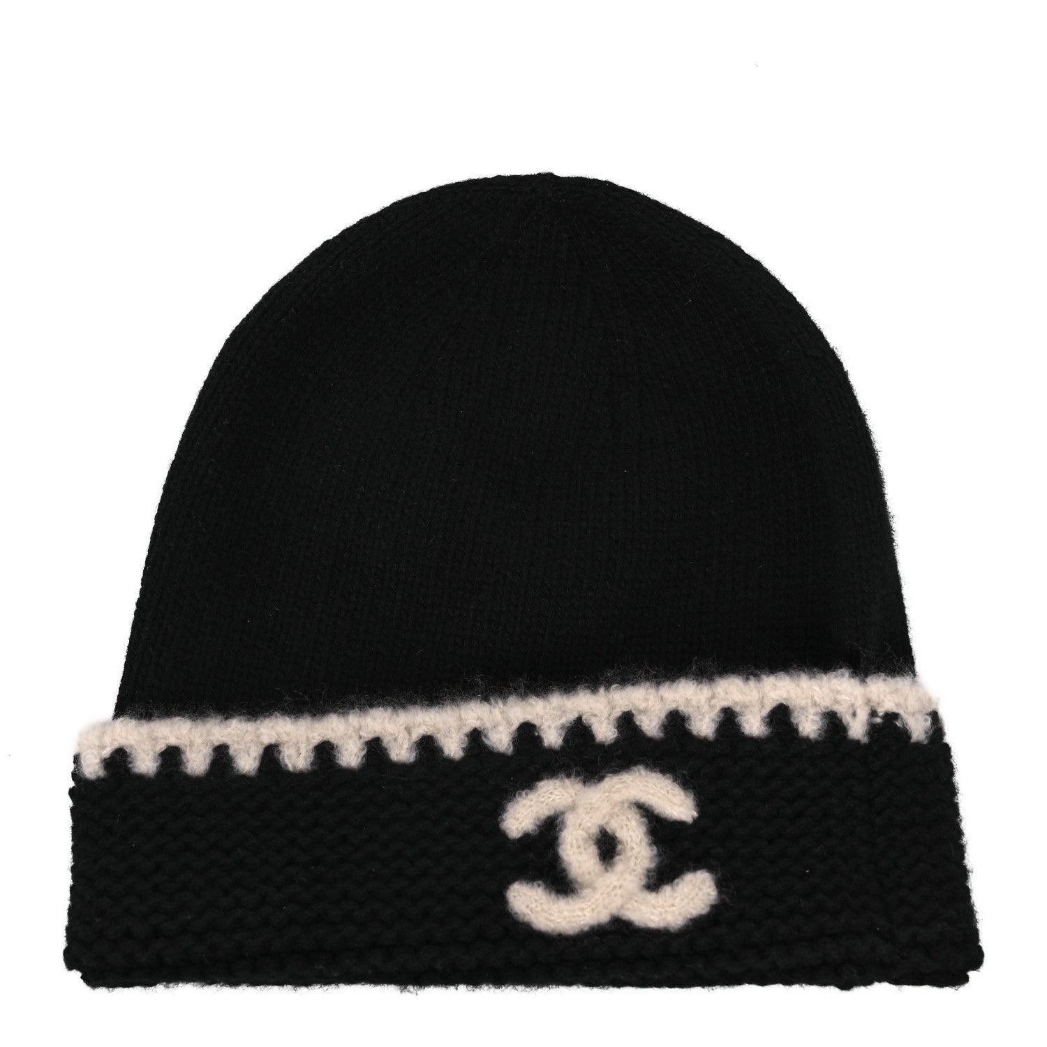 Chanel Cashmere Wool CC Beanie Hat Black Light Beige 1 of 7