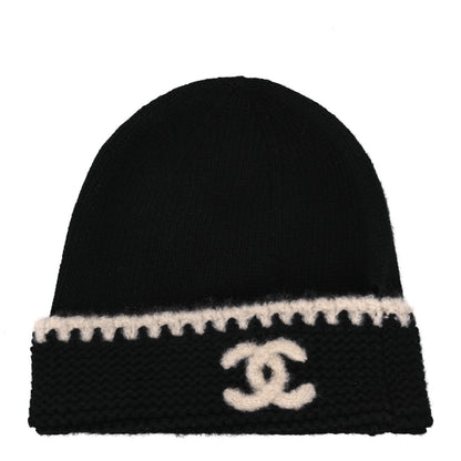 Chanel Cashmere Wool CC Beanie Hat Black Light Beige 1 of 7