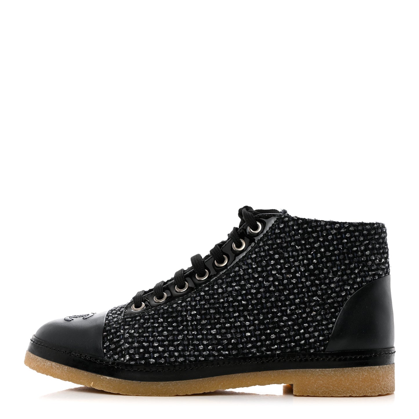Tweed Calfskin Patent CC Lace Up Short Boots 38.5 Black Grey Dark Navy