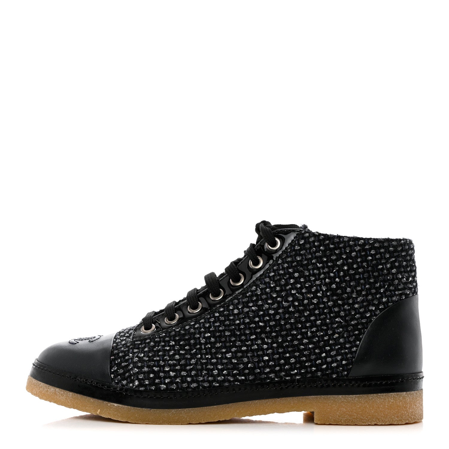 Chanel Tweed Calfskin Patent CC Lace Up Short Boots 38.5 Black Grey Dark Navy 1 of 10
