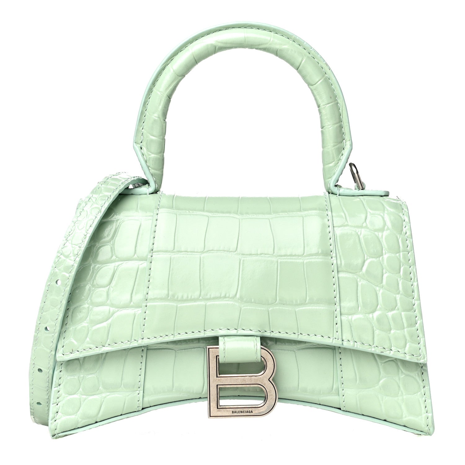 Balenciaga Shiny Calfskin Crocodile Embossed Hourglass Top Handle Bag XS Light Green 1 of 12