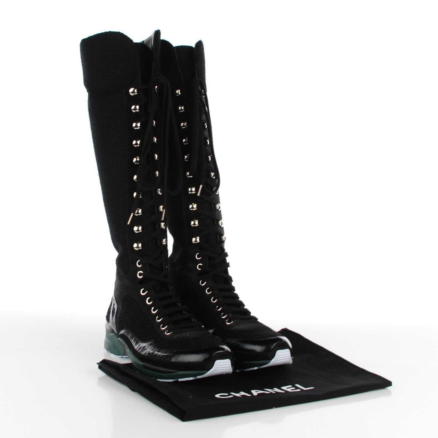 Chanel Tweed Patent Calfskin Sneaker Boots 38 Black 5 of 8