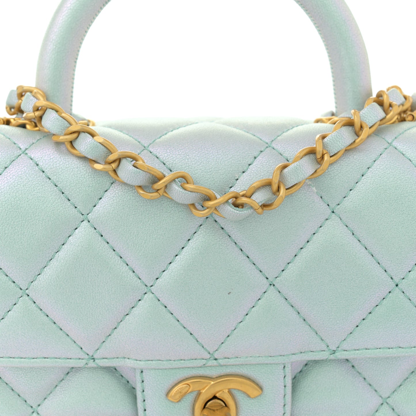 Iridescent Lambskin Quilted Baywatch Top Handle Flap Light Blue