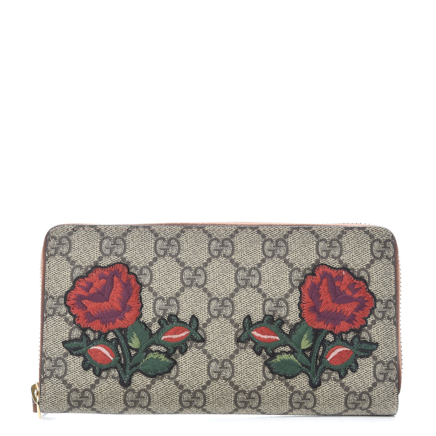 GG Supreme Monogram Embroidered Roses Zip Around Wallet Red
