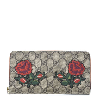 Gucci GG Supreme Monogram Embroidered Roses Zip Around Wallet Red 1 of 11