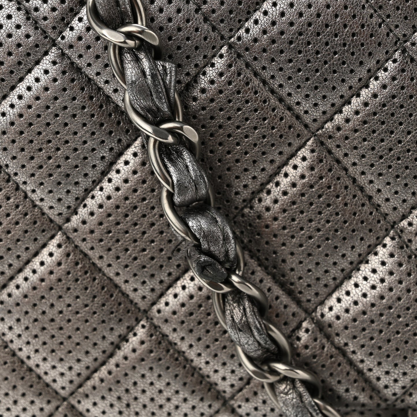 Metallic Perforated Lambskin Quilted Jumbo Double Flap Dark Silver