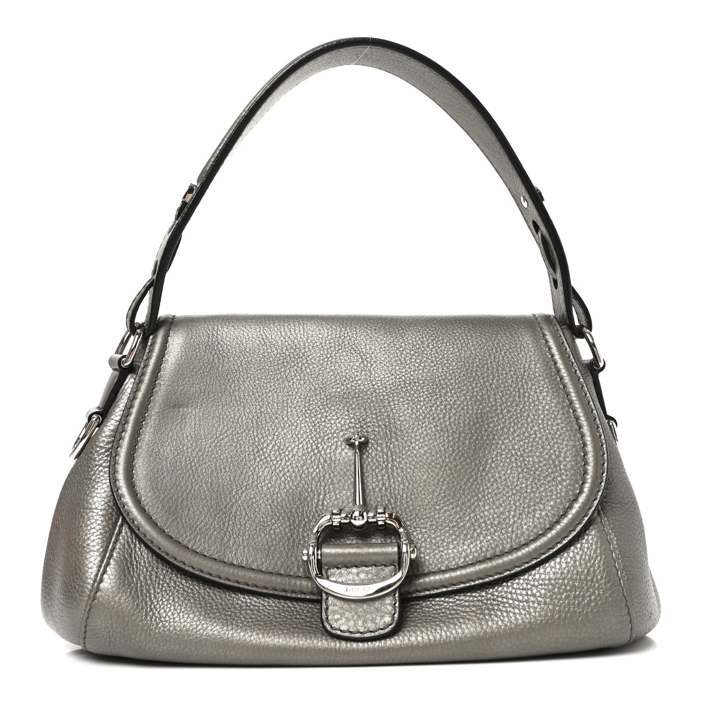 Pebbled Calfskin Medium Techno Horsebit Shoulder Flap Bag Grey