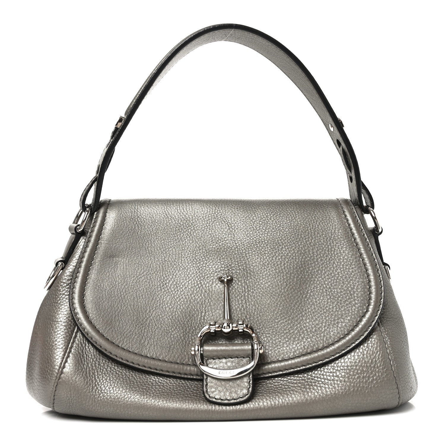 Gucci Pebbled Calfskin Medium Techno Horsebit Shoulder Flap Bag Grey 1 of 12