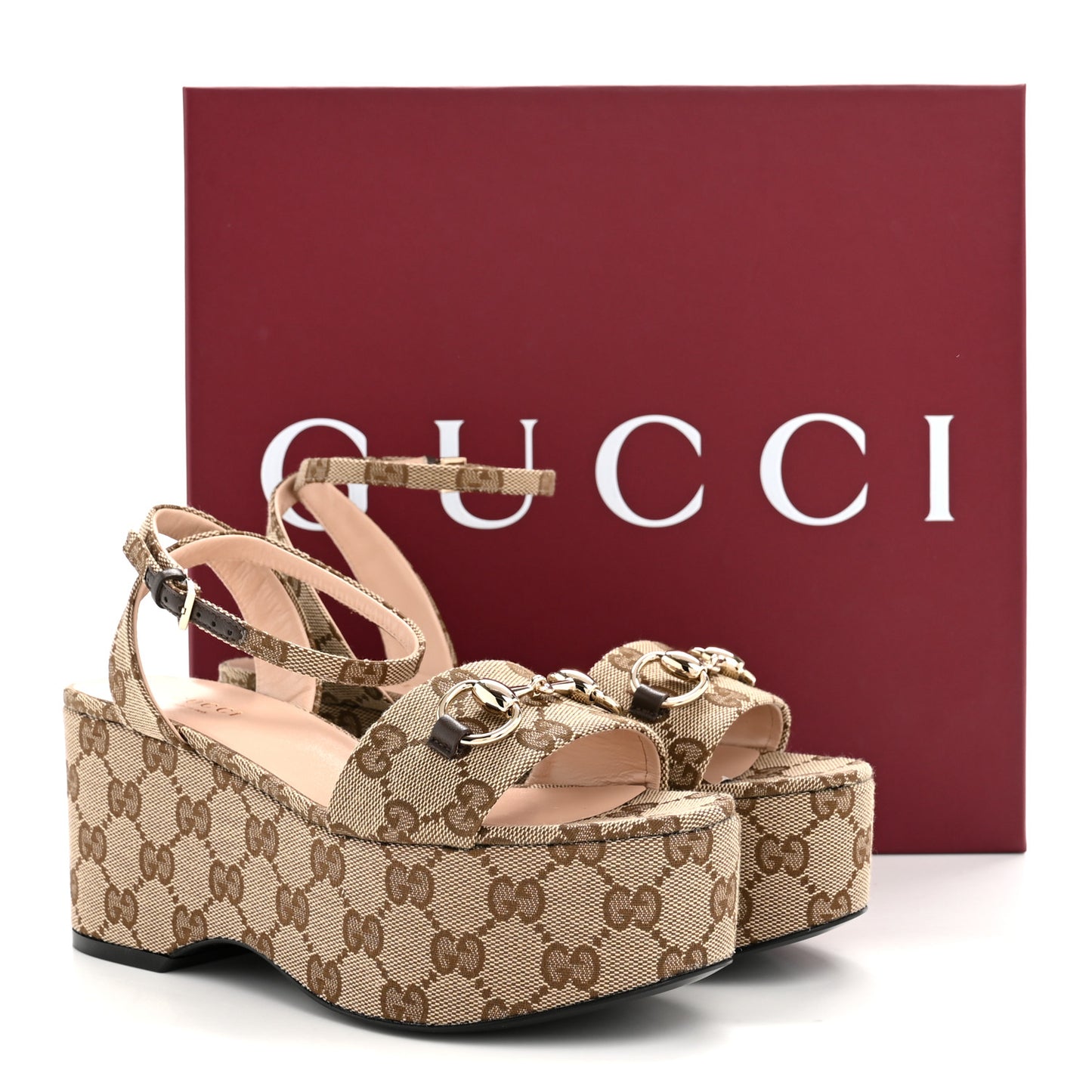 Monogram Nappa Chalotte Horsebit Ankle Strap 75mm Flatform Sandals 35 Beige Ebony