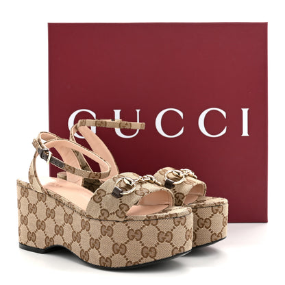 Gucci Monogram Nappa Chalotte Horsebit Ankle Strap 75mm Flatform Sandals 35 Beige Ebony 9 of 9