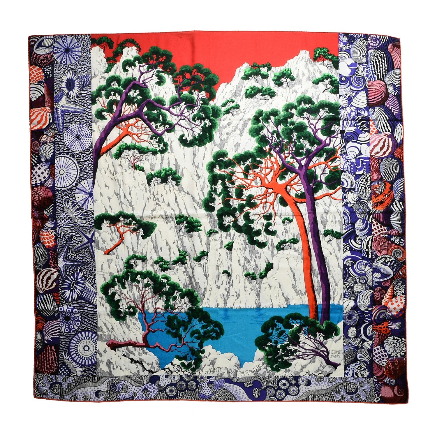 Hermes Cashmere Silk Sieste Au Paradis Shawl 140 Blanc Rouge Violet 1 of 5