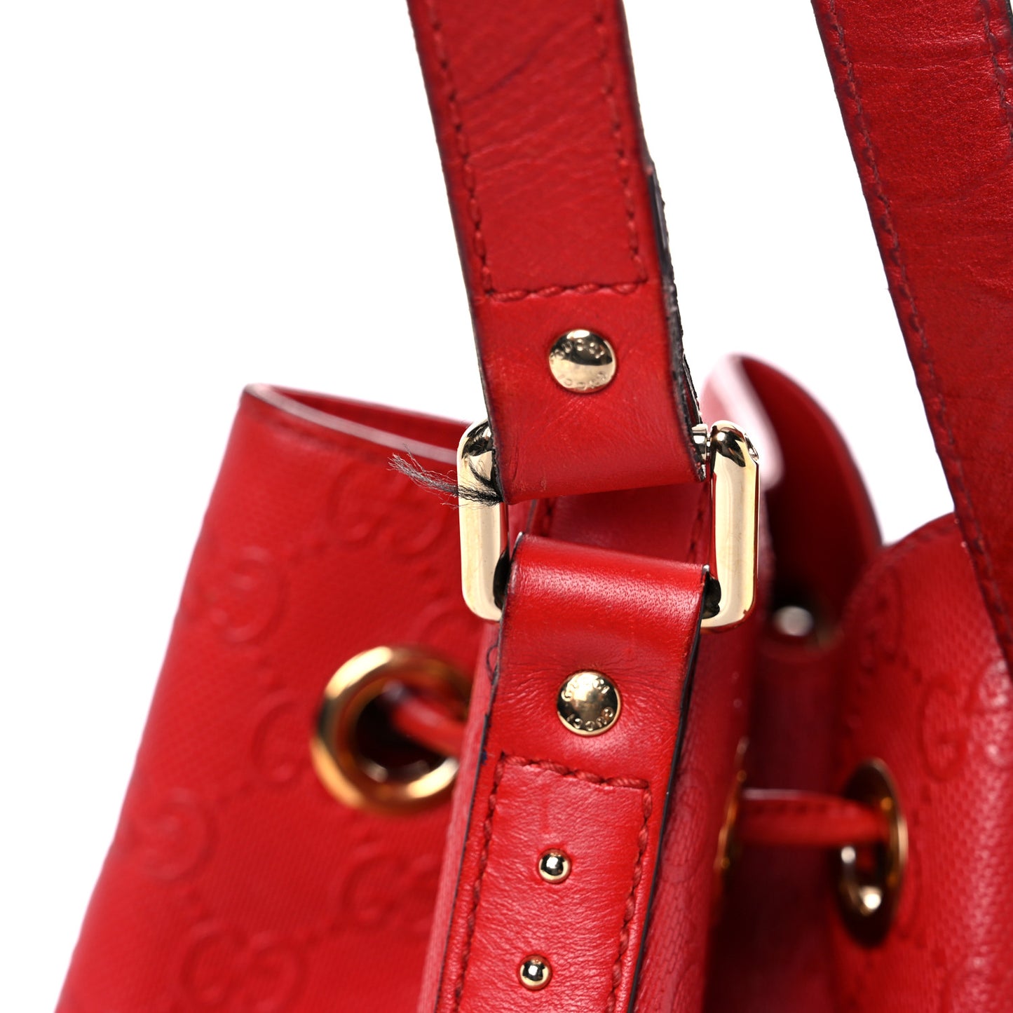 Bright Diamante GG Monogram Studded Medium Bucket Bag Red
