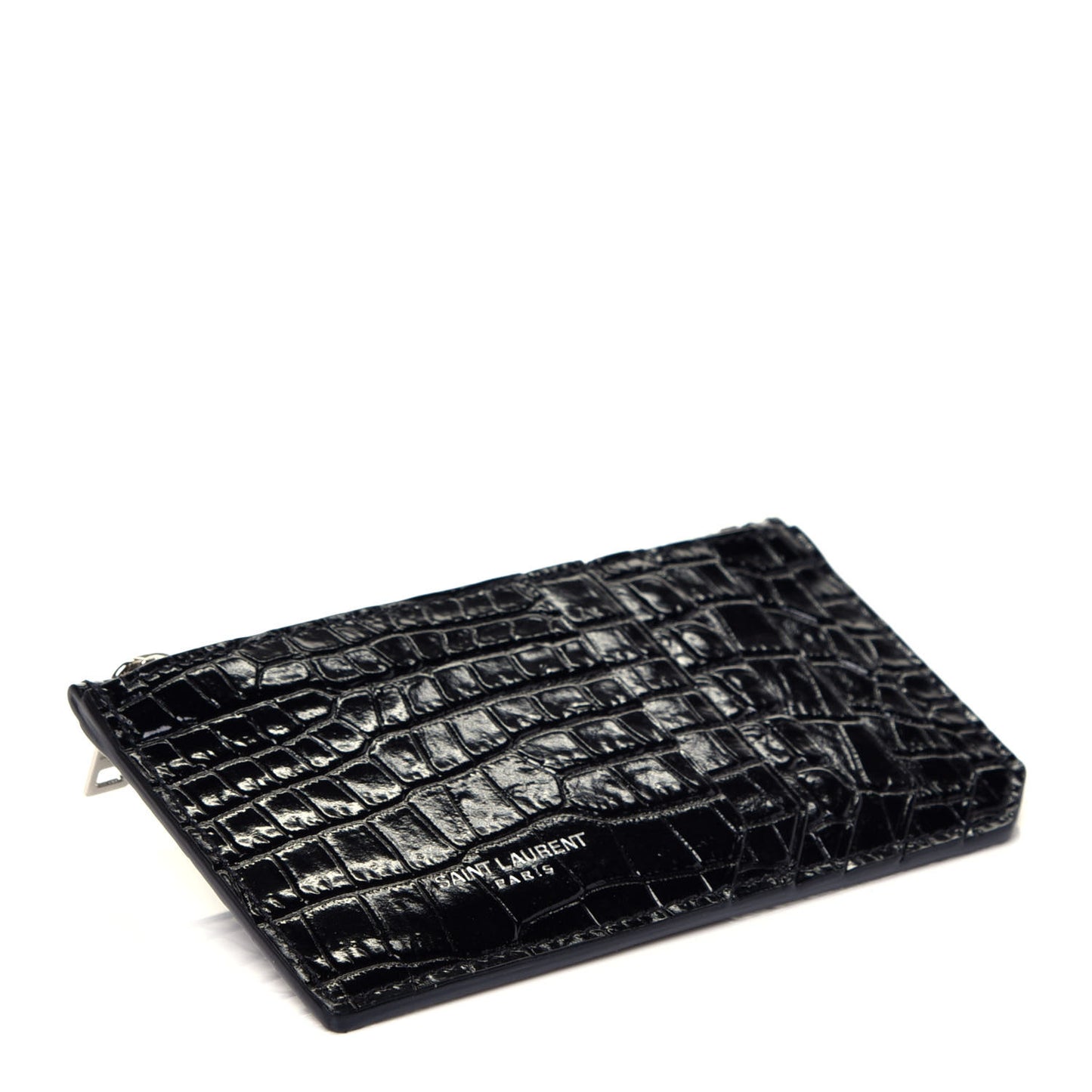 Calfskin Crocodile Embossed 5 Fragments Zip Pouch Card Holder Black