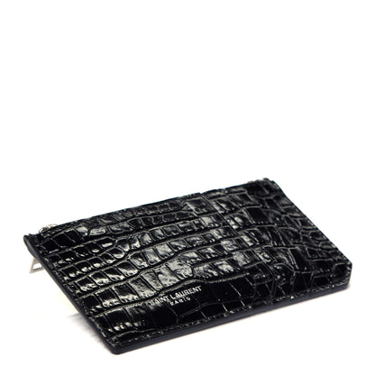 Saint Laurent Calfskin Crocodile Embossed 5 Fragments Zip Pouch Card Holder Black 4 of 7