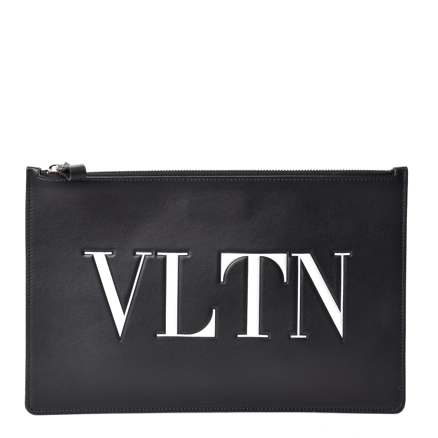 Calfskin VLTN Large Flat Zip Pouch Black
