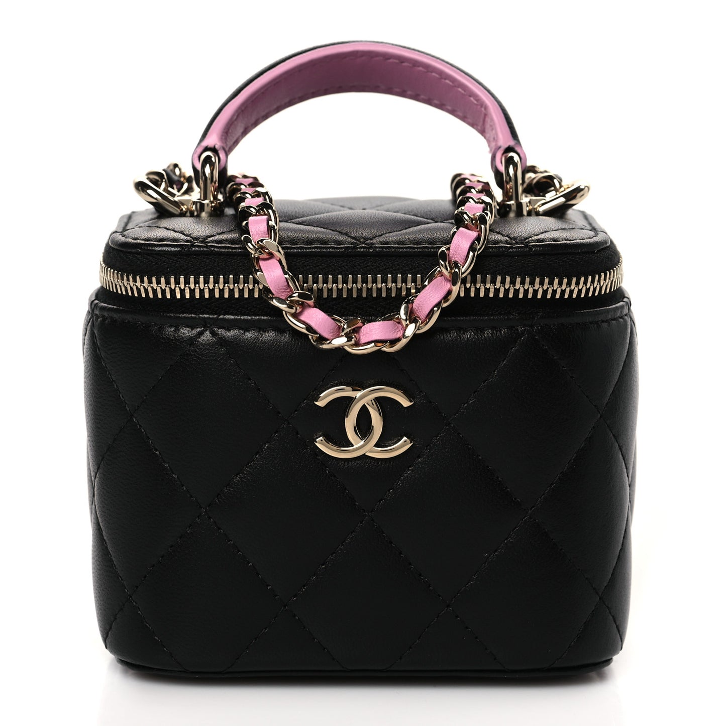 Lambskin Quilted Top Handle Mini Vanity Case With Chain Black Pink