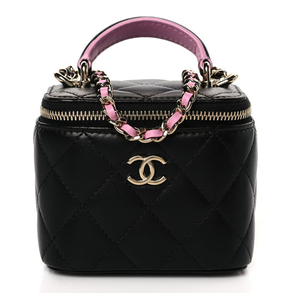 Chanel Lambskin Quilted Top Handle Mini Vanity Case With Chain Black Pink 1 of 9