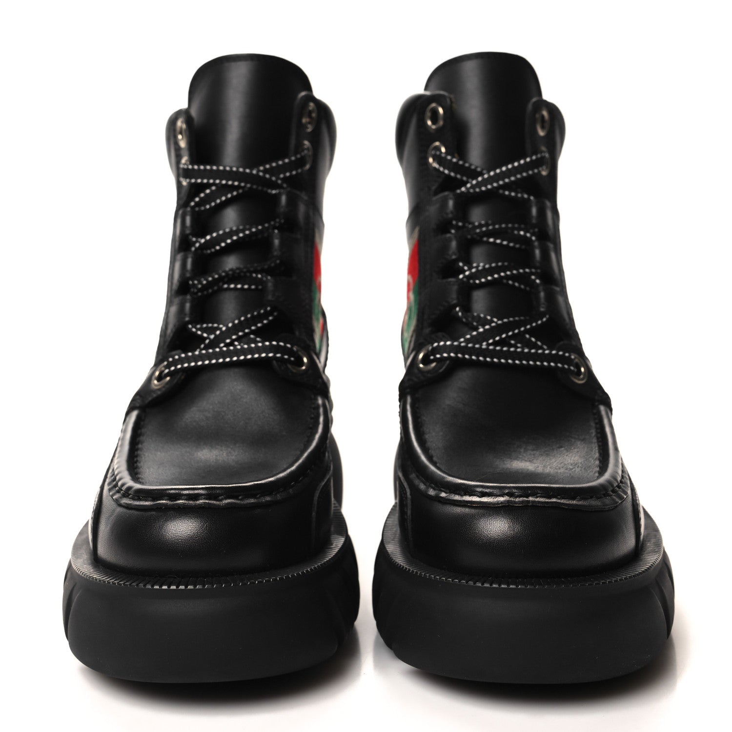 Gucci Quebec Calfskin Web Womens Interlocking G Lace Up Combat Boots 35 Black Mystic White Green Red 2 of 9