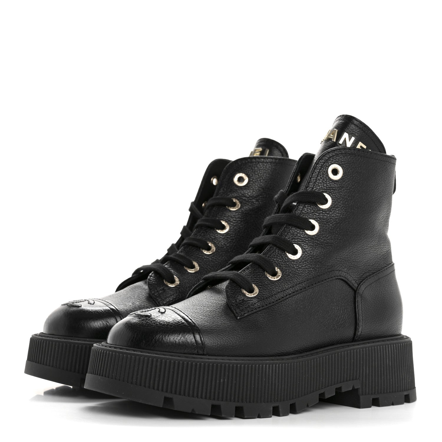 Chanel Grained Calfskin Shiny Calfskin CC Lace Up Combat Boots 37.5 Black 4 of 10