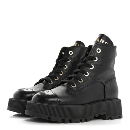 Chanel Grained Calfskin Shiny Calfskin CC Lace Up Combat Boots 37.5 Black 4 of 10