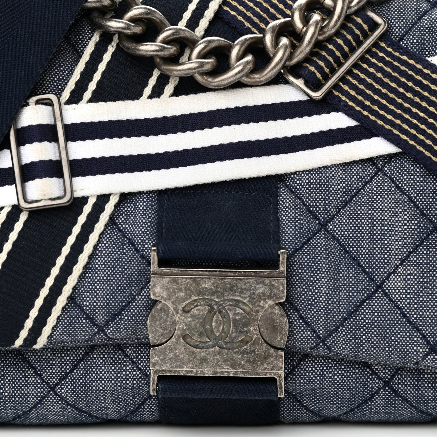 Chanel Denim Quilted Medium Airlines Buckle Messenger Bag Blue 8 of 10
